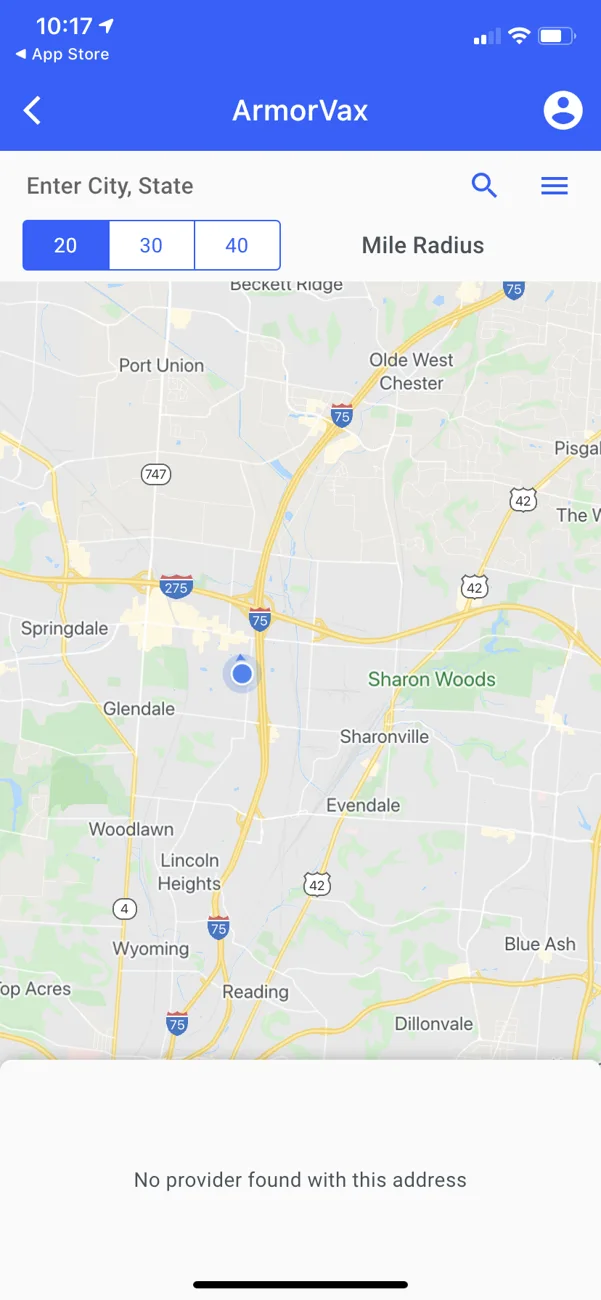Historical ArmorVax location map interface