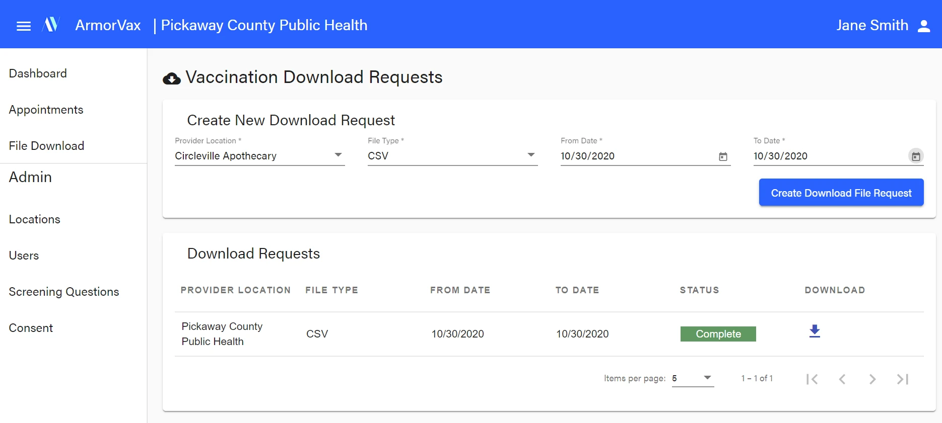 Historical ArmorVax provider dashboard showing vaccination download requests and operational controls